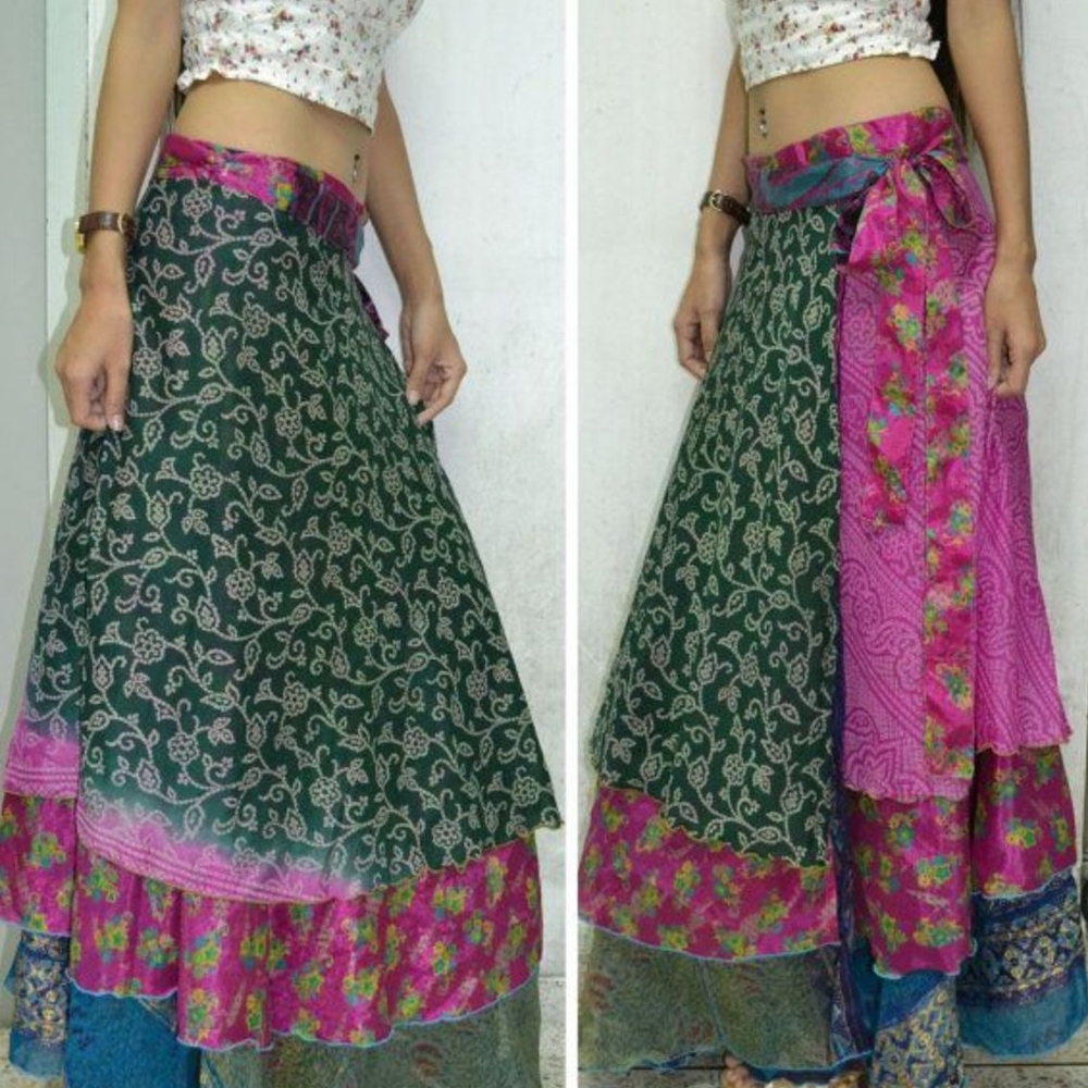 Asymmetrical Green and Pink Skirt with Unique Design